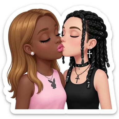 (Bimbo, pearl earrings stud, Light pink cute lips, long middle part with long honey brown hair, dark brown skin, playboy necklace with lashes, light pink sleeveless shirt, kissing the goth black girl with brown skin, cross earrings, ankh necklace with black dreadlocks with white paint on face sticker