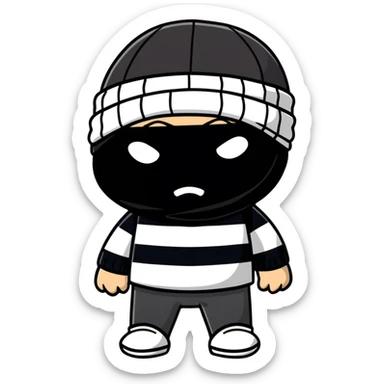 character with black and white striped shirt, black beanie, black mask over eyes sticker