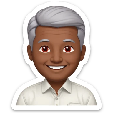 50 yr old indian man, dark skin, grey hair, big smile, white teeth, chubby, no moustache, clean shaven, young style hair, hair brushed back, 5 oclock shadow, bindy, dress shirt, forehead dot, chubby, religious, red dot, fancy hair, red dot sticker