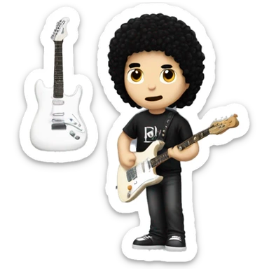 A guy with black hair and white skin and Electric guitar and metallica t shirt  sticker