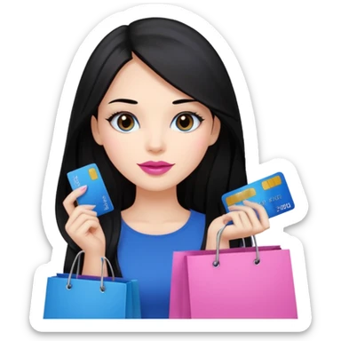 Girl with long black hair, pink lipstick, brown eyes holding shopping bags and blue credit card sticker