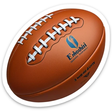 Cinematic Realistic image of a rugged rugby ball with detailed leather textures and precise stitching, rendered against a sunlit field backdrop with dynamic natural lighting that emphasizes its robust character sticker