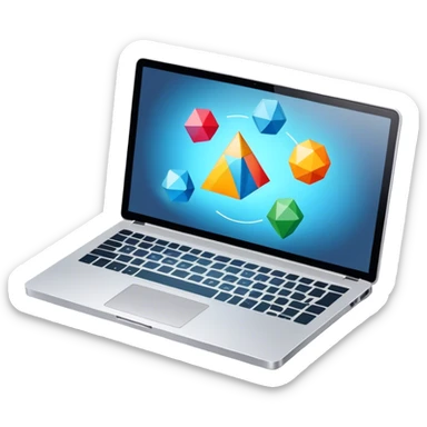 Professional icon for Graphic Design: a laptop with Photoshop open on the screen, displaying geometric shapes like spheres, cubes, and pyramids, along with a stylus. The icon should reflect the creative process in graphic design. Transparent background. sticker