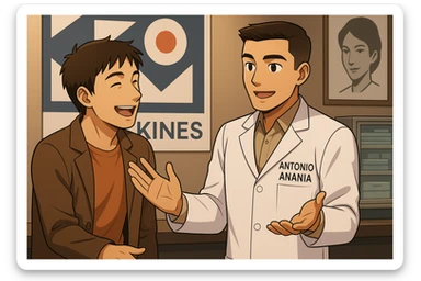  rappresenta un webtoon manga a colori con questo stile, in cui un uomo esclama una cosa entusiasta al kinesiologo con il camice bianco (fagli anche la scritta "ANTONIO ANANIA" SUL CAMICE), IL KINESIOLOGO lo aspetta a braccia aperte. l'espressione dell'uomo è felice e soddisfatta, non fare i fumetti però, fai solo in modo che sembri stiano parlando sticker