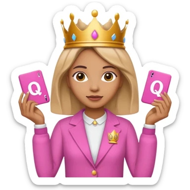 Crear una reina morena clara con ropa rosa sosteniendo la palabra Queen en sus manos sticker