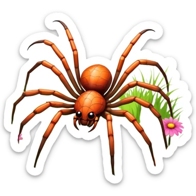 Huge spider sitting on grass with flowers, surrounded by a lush meadow. Detailed legs and body, with soft natural lighting enhancing its texture. Calm, serene background with vibrant greenery and a clear sky. Transparent background. sticker