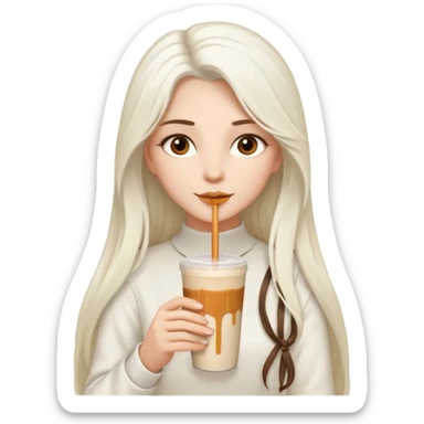 white long haired brunette with brown eyes and a white outfit, drinking a caramel machiatto sticker