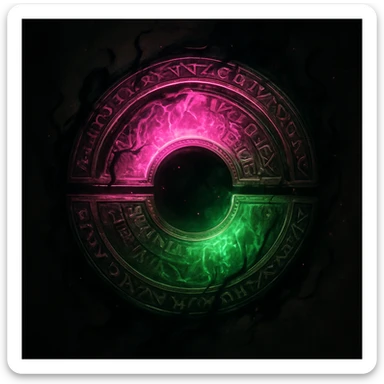 Enhance the split magical circle to be more fantasy-inspired and wicked themed. Add intricate runes and swirling energy around the circle, with a slightly sinister aura. Keep the original pink and green split color scheme and glowing effect, but emphasize the mystical and dark magical vibe. sticker
