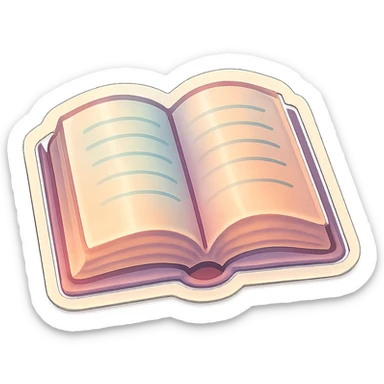 realistic open book with detailed shadows and highlights, soft lighting, retro stickers style, pastel palette #98B5BC, #B5B3C1, #C9A3C9, #E4C0CA, #F7DCD1, #F7C0AA, transparent background, no decorative elements sticker