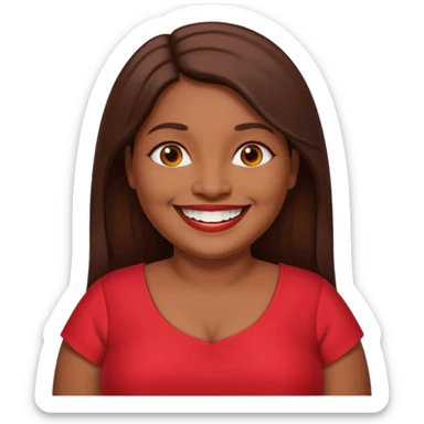 50 yr old chubby Sri Lankan woman, dark skin, straight brown hair, big smile, white teeth, red dress clothes, longer hair straight, big teeth sticker