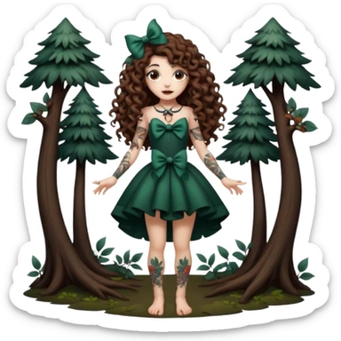 full body view of a woman with long curly brown hair, brown eyes, white skin, tattoos, playful bow like a dark forest performer sticker