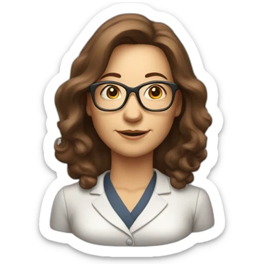 middle-aged accounting woman with brown longhair, a bang, glasses and a loop sticker