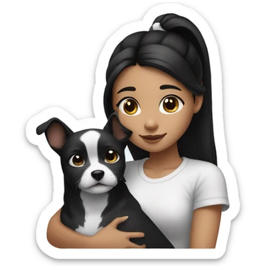 black hair girl cuddling a black and white dog with a high ponytail sticker