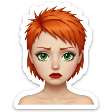 Short spikey Ginger hair, green eyes, black long eye lashes large red lips White woman lcrying sticker