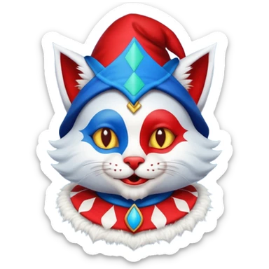 crazy colorful cute little cat jolly joker from poker, medieval, vintage, court jester, mac os icon, blue and red color, half body sticker