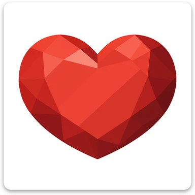 Transform this heart into a ruby in vector illustration style with no outlines, featuring a small number of large, clear, and contrasting facets. Use saturated red color with flat color fills and geometric highlights. Some facets should be lighter and some darker to create volume. Keep it minimalist for easy manual tracing. sticker
