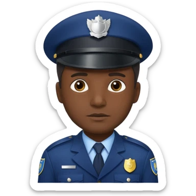 A dark-skinned man wearing a navy police hat with a silver badge, facing forward with a neutral expression. sticker