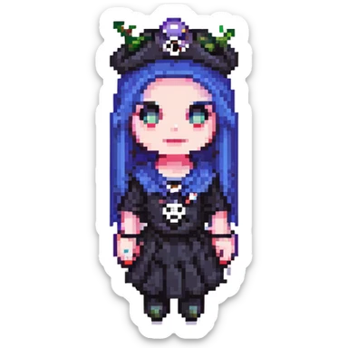 Remove the background while preserving the retro and vibrant pixel art style. Add goth accessories to the character. sticker