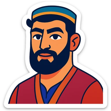 A Tajik man with masculine features, expressive eyes, thick eyebrows, dark hair, light-olive skin, and a larger, neatly kept beard sticker