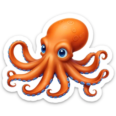 Cinematic Realistic Cute Octopus Portrait Emoji, Head tilted playfully and inquisitively, featuring a gracefully curving, compact body in vibrant orange adorned with delicate blue rings, and a charming, expressive face with round, sparkling eyes full of curious wonder; rendered with lifelike detail and soft natural highlights, high shine, affectionate and enchanting, styled with a touch of whimsical ocean magic, soft glowing outline, capturing the essence of a mischievous yet lovable octopus that seems poised to slither playfully into your arms! sticker
