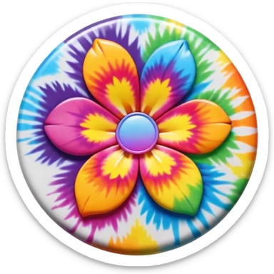 A round tie dye style colored button with a large rainbow colored flower in the center sticker
