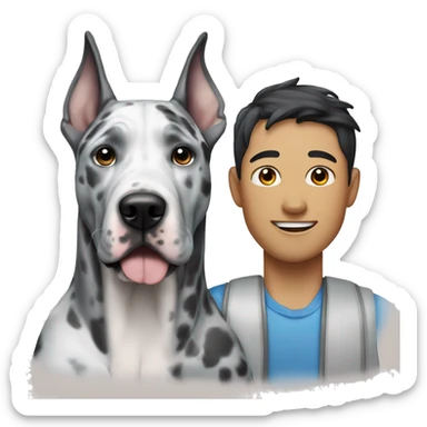Asian man next to blue Merle great dane sticker