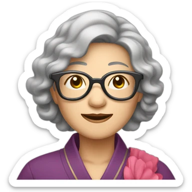 Chinese senior lady wear glasses has wavy long hair show love sign sticker