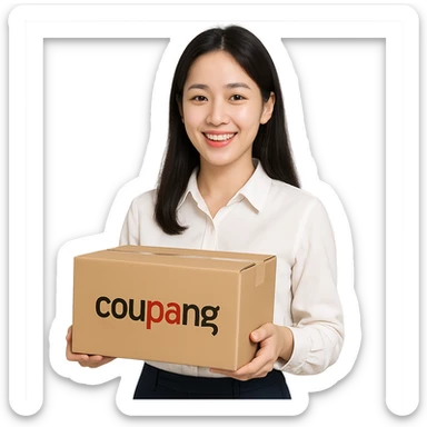 Korean style woman holding a Coupang delivery box, simple and clear depiction, bright expression sticker