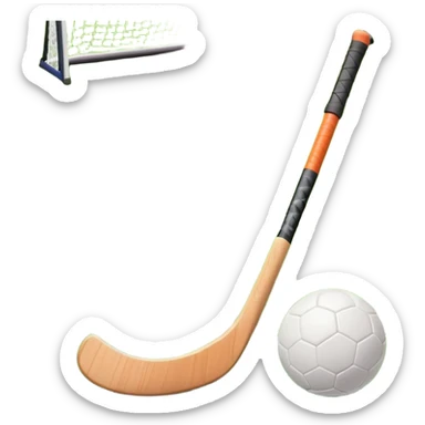 A field hockey stick and ball on a vibrant green grass field, with goalposts and clear field markings in the background. The scene emphasizes the bright, lush grass, highlighting the fast-paced and strategic nature of hockey on a well-maintained pitch. sticker