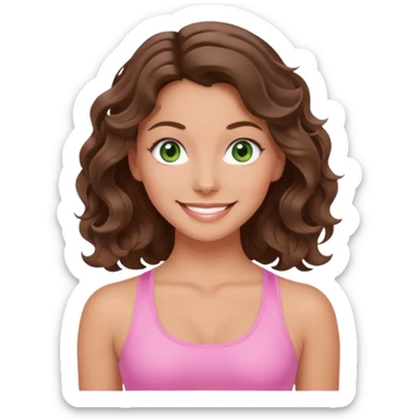 White, green-eyed, brunette cute feminine lady emoji with wavy hair doing pilates wearing pink pilates fit sticker