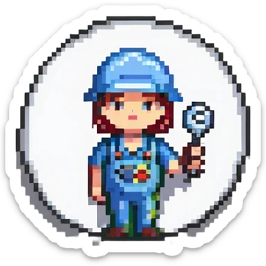 Oval badge shape with simple pixel art technician holding car tool key, bright colors sticker