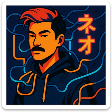 Add electric wires connecting to the body of the Asian man with black mustache, red hair, black hoodie, neon lights, Japanese cyberpunk anime style sticker