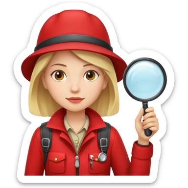 Explorer woman with red jacket backpack and magnifying glass sticker