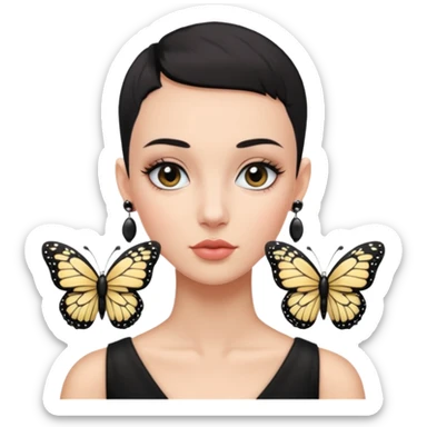Lady with black buzz cut hair and lashes wearing 4 black earrings holding white butterfly sticker