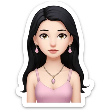 Menina branca ,cabelos longos cor preta , olhos cor preta puxados para cima. Cílios longos, lábios grossos ,nariz pequeno.vestido rosa claro de alça. Jovem de 16 anos .colar e brinco vivara sticker