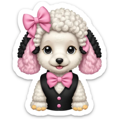 Caniche blanca con chaleco negro con un moño rosa sticker