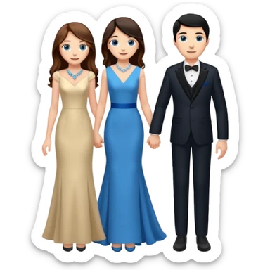 full-length happy couple, girl with long chestnut hair and blue eyes in formal gown, boy with black hair in suit sticker