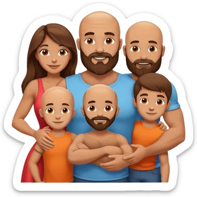 Happy Muscular Bald beard man and his hot wife with long brown hair and 3 sons sticker