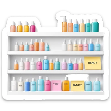 big long white shelf with one serum bottle labeled beauty brand and large sticky note next to it sticker