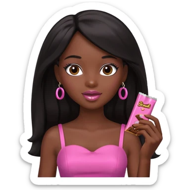 Black barbie, long black  hair, pink dress eating chocalate bar sticker