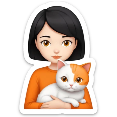 a girl with short black hair holding a white and orange cat sticker