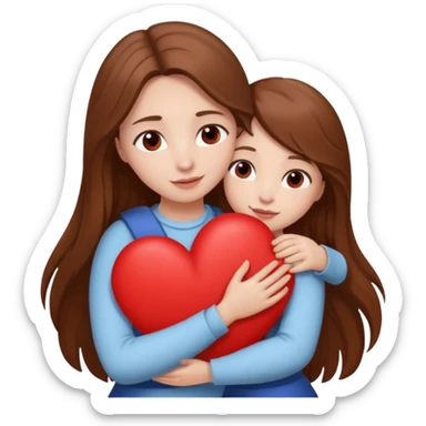 White bishon in hug with girl with long brown hair and red heart between them sticker