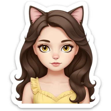I have long wavy brunete hair, brown eyes and fair skin and little mole under my right eyes. Wearing peachy makeup and cat eyeliner and in pastel yellow dress sticker