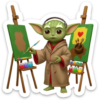 Baby Yoda in his brown linen robe with headphones in his ears, painting a picture on an easel and surrounded by paint pots. sticker