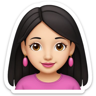 Gordita, ojos pequeños de color cafe oscuro, labios pequeños y rosados, piel trigueña, orejas pequeñas, cabello largo lazio y negro. sticker