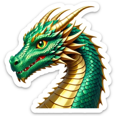 cinematic-noble-dragon-portrait-emoji,-poised-and-majestic,-with-a-sinuous,-elongated-body-covered-in-intricately-detailed,-shimmering-scales-in-hues-of-emerald-and-gold,-and-piercing,-fiery-eyes-that-reflect-ancient-wisdom; sticker
