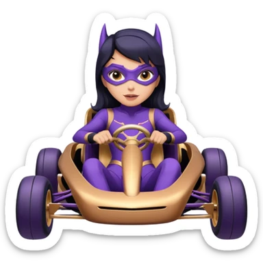 Hot full size real-appearance racing action BatGirl’s Lego feminine midnight-purple tight outfit sixty’s tv show 1992 stealthy retro sporty safe plush petite off-road pursuit hovering hover cruiser car rose gold accents (black hair,reclined and relaxed seating position) go kart  sticker