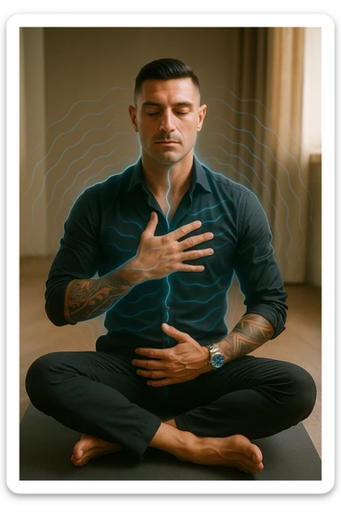 A highly realistic, cinematic portrait of a man in his early 30s with a calm, focused expression, sitting cross-legged on a yoga mat in a softly lit room. His eyes are closed, and he is performing deep diaphragmatic breathing, with one hand resting on his chest and the other on his abdomen, visibly rising and falling with each breath. A subtle glow or faint blue light outlines his body, symbolizing calm energy and nervous system regulation. Around him, faint symbolic waves or flowing lines in blue tones represent the breath calming the autonomic nervous system, while a soft warm light from a window illuminates his relaxed face. The atmosphere is peaceful and grounded, with warm natural tones and a clean, minimalist setting, evoking the feeling of inner calm and nervous system reset through conscious breathing. Style: 35mm hyperrealistic film photography, soft depth of field, warm lighting with clear focus on the man's peaceful face and breathing posture sticker