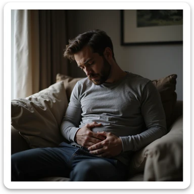 hyperrealistic 4K man sitting on the couch looking at his belly with a despondent expression, domestic environment sticker