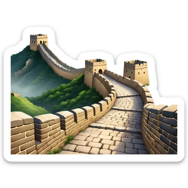Cinematic Realistic Great Wall of China Landmark Emoji, depicted with ancient stone pathways winding over rugged mountains, watchtowers punctuating the misty landscape, and soft golden sunlight casting dramatic shadows. sticker